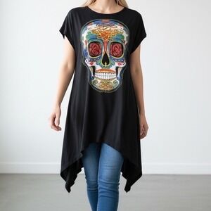 Ay Guey! Women's Large Black Skull Graphic Asymmetric Hem Tunic Shirt Mexico‎